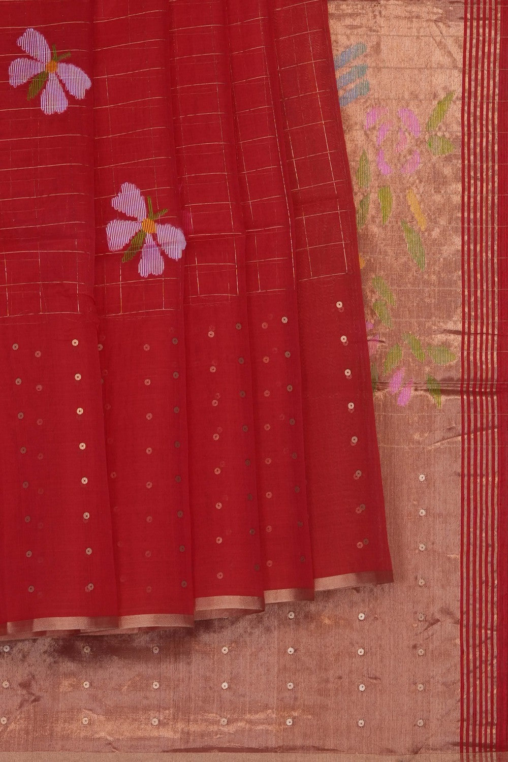 Image of Red Kora Silk Embroidery Saree