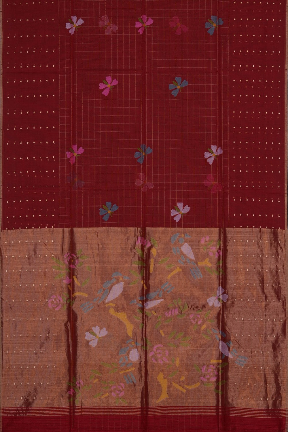 Image of Red Kora Silk Embroidery Saree