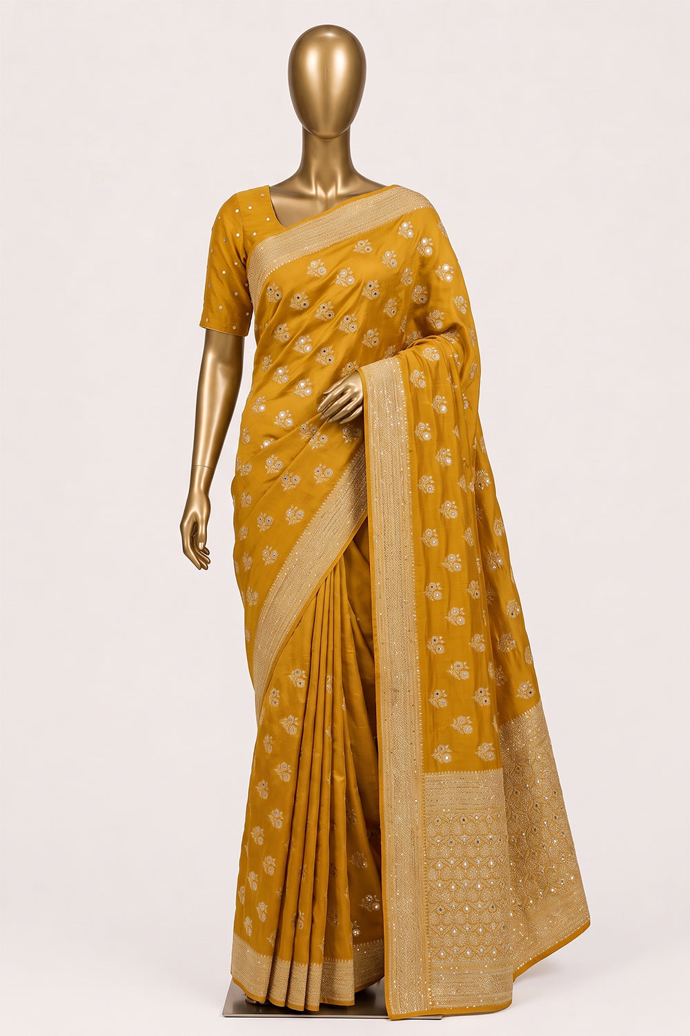 Image of Mustard Embroidery Silk Saree
