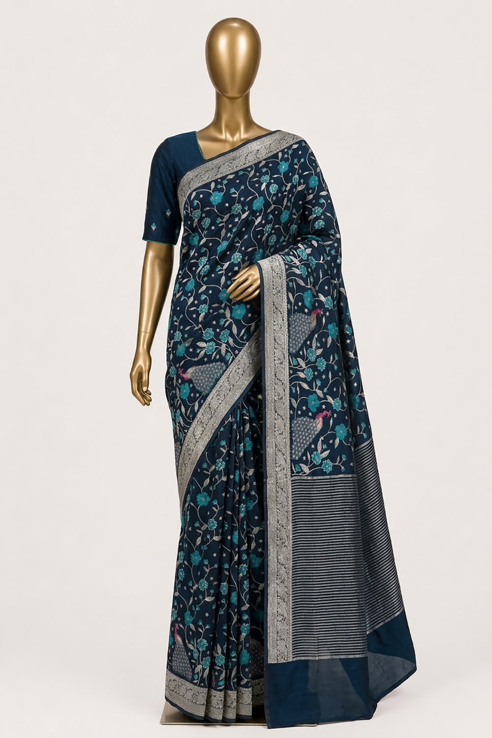 Image of Peacock-Blue Embroidery Saree