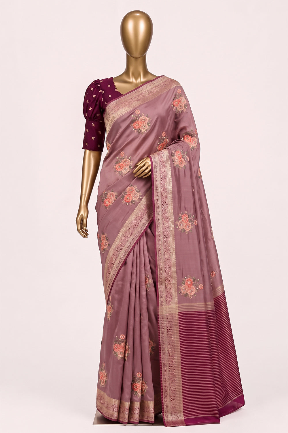 Image of Onion-Pink Embroidery Saree