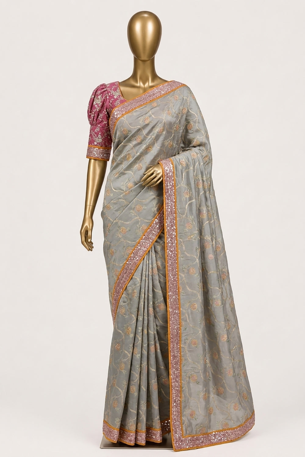Image of Off-White Embroidery Silk Saree