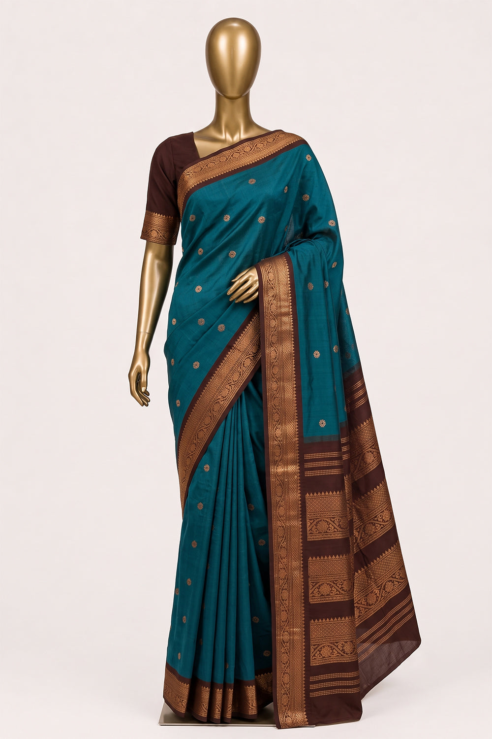 Image of Teal-Green Gadwal Cotton Saree