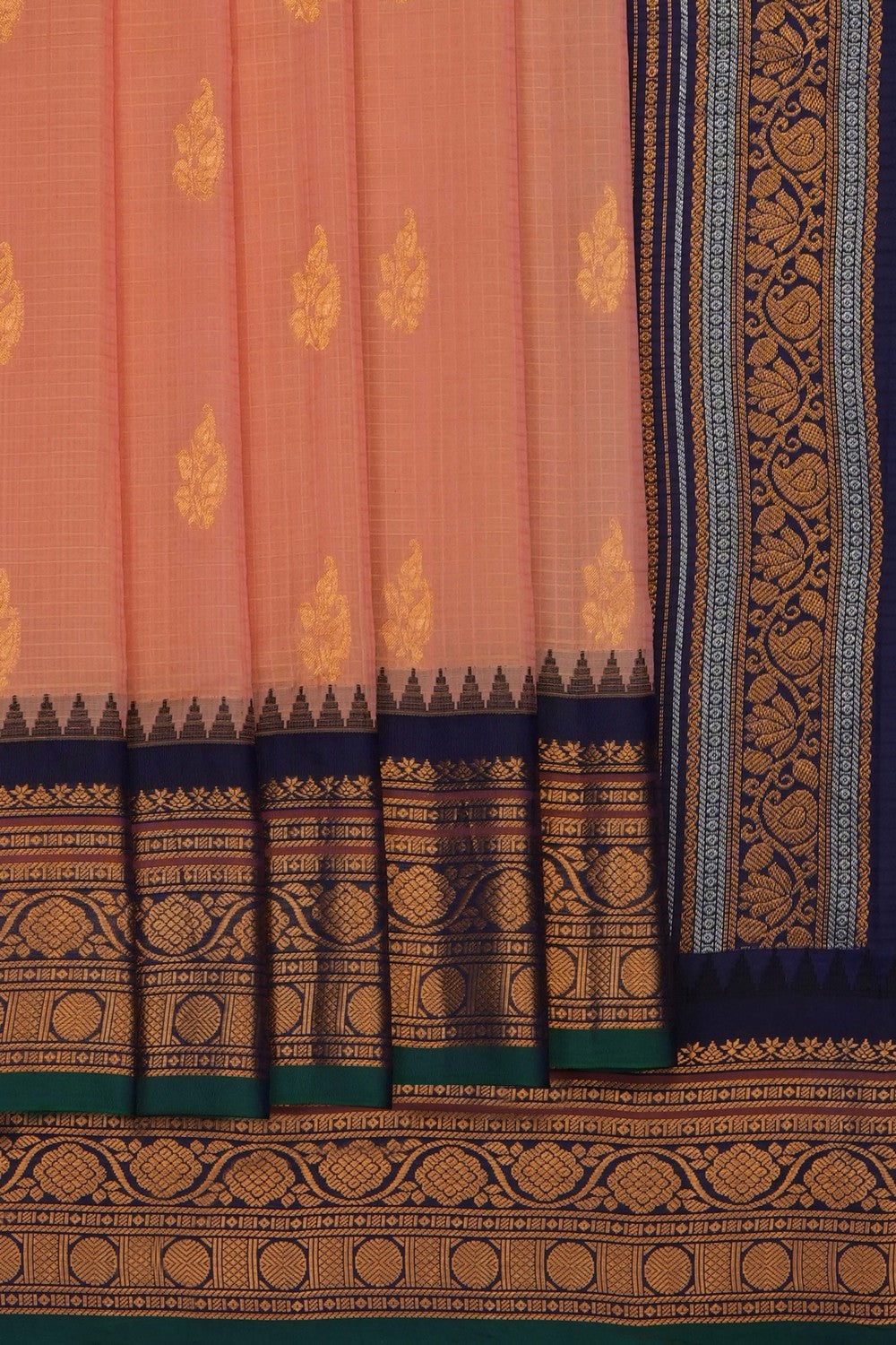 Image of Peach Gadwal Silk Cotton Kattam Saree
