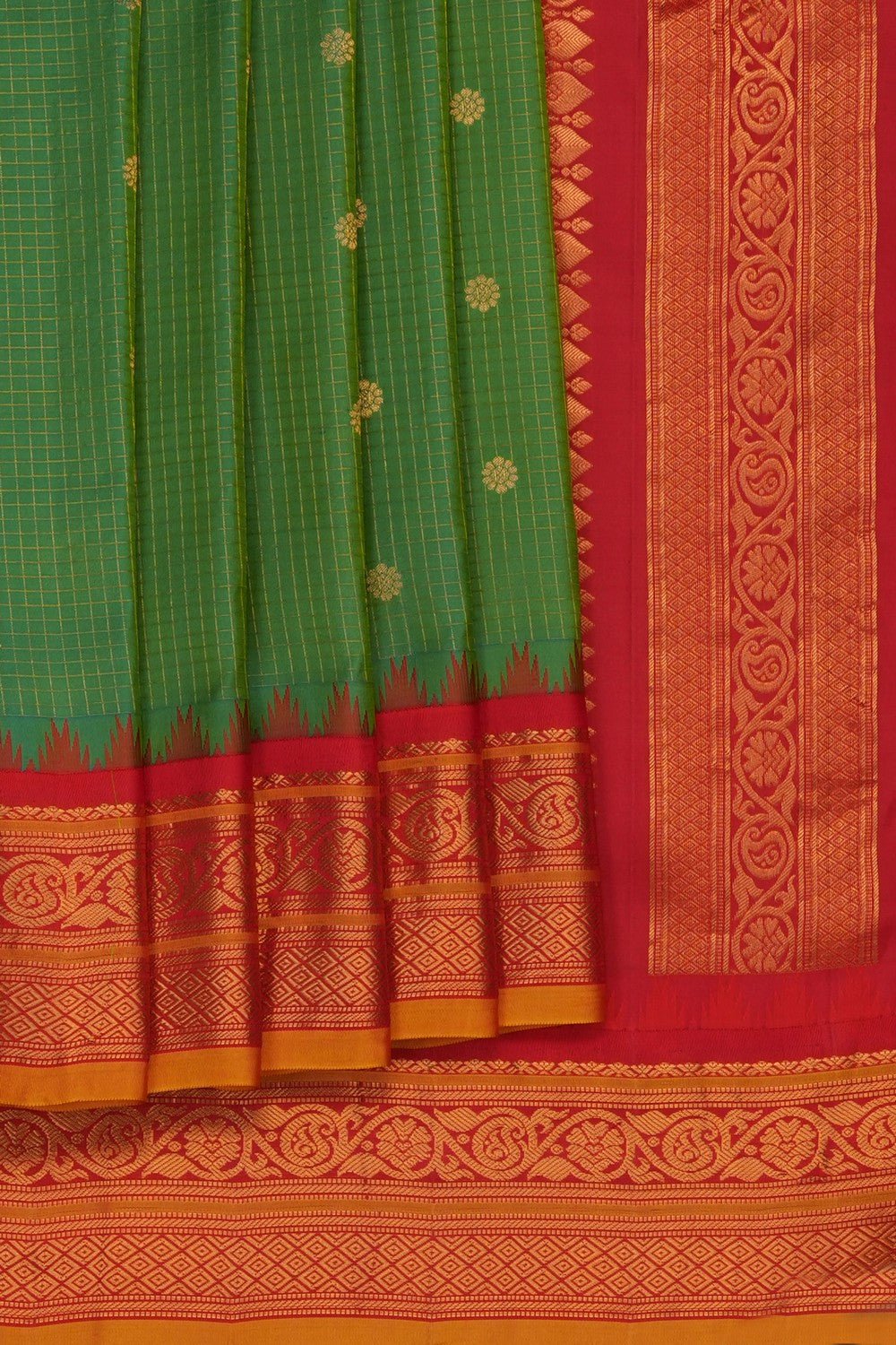 Image of Green Gadwal Silk Kattam Saree