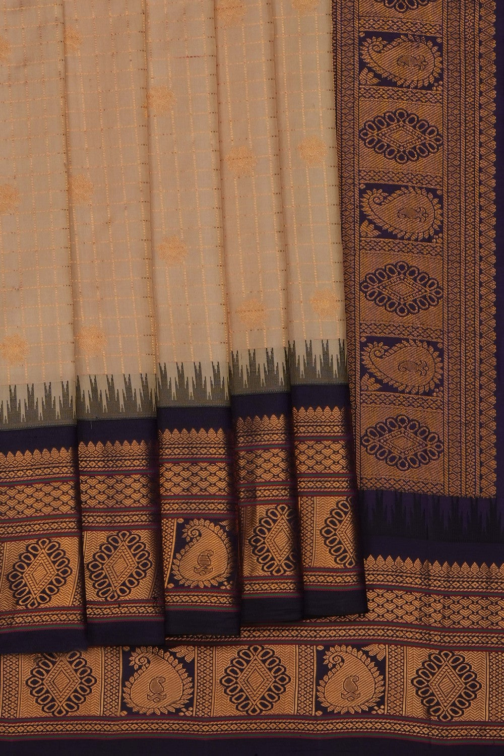Image of Beige Gadwal Silk Kattam Saree