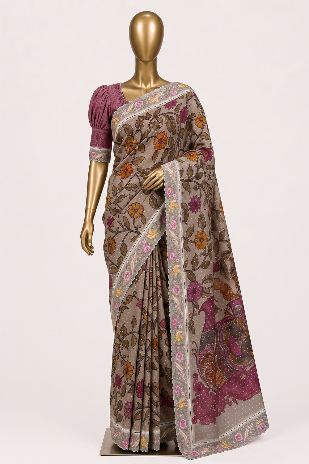 Image of Off-White Tissue Silk Embroidery Saree