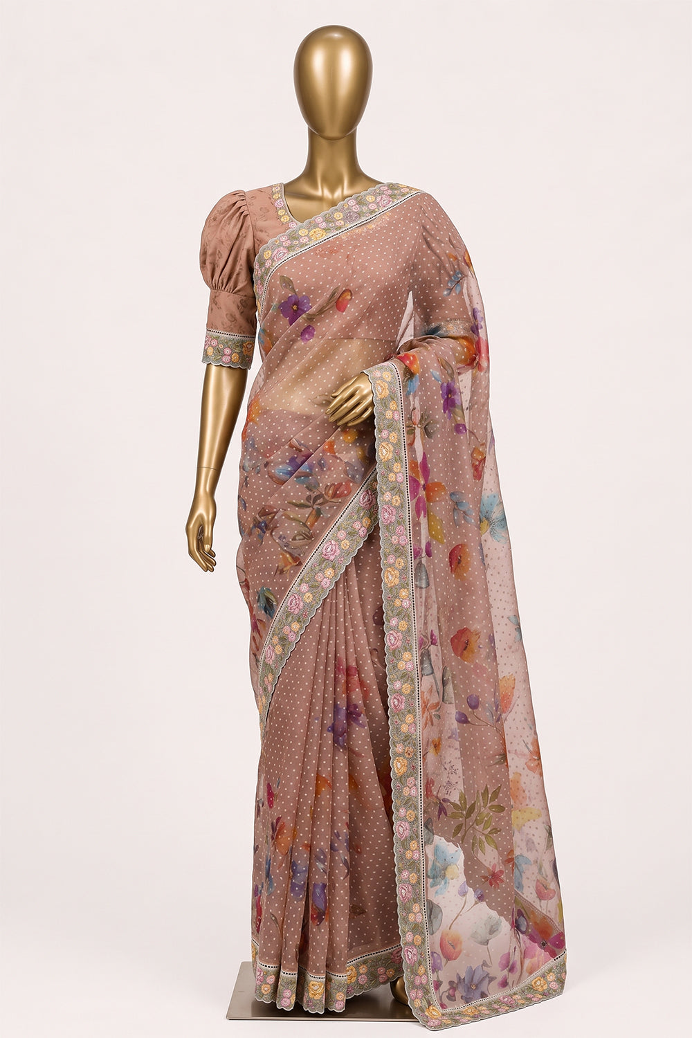 Image of Pink Tissue Silk Embroidery Saree