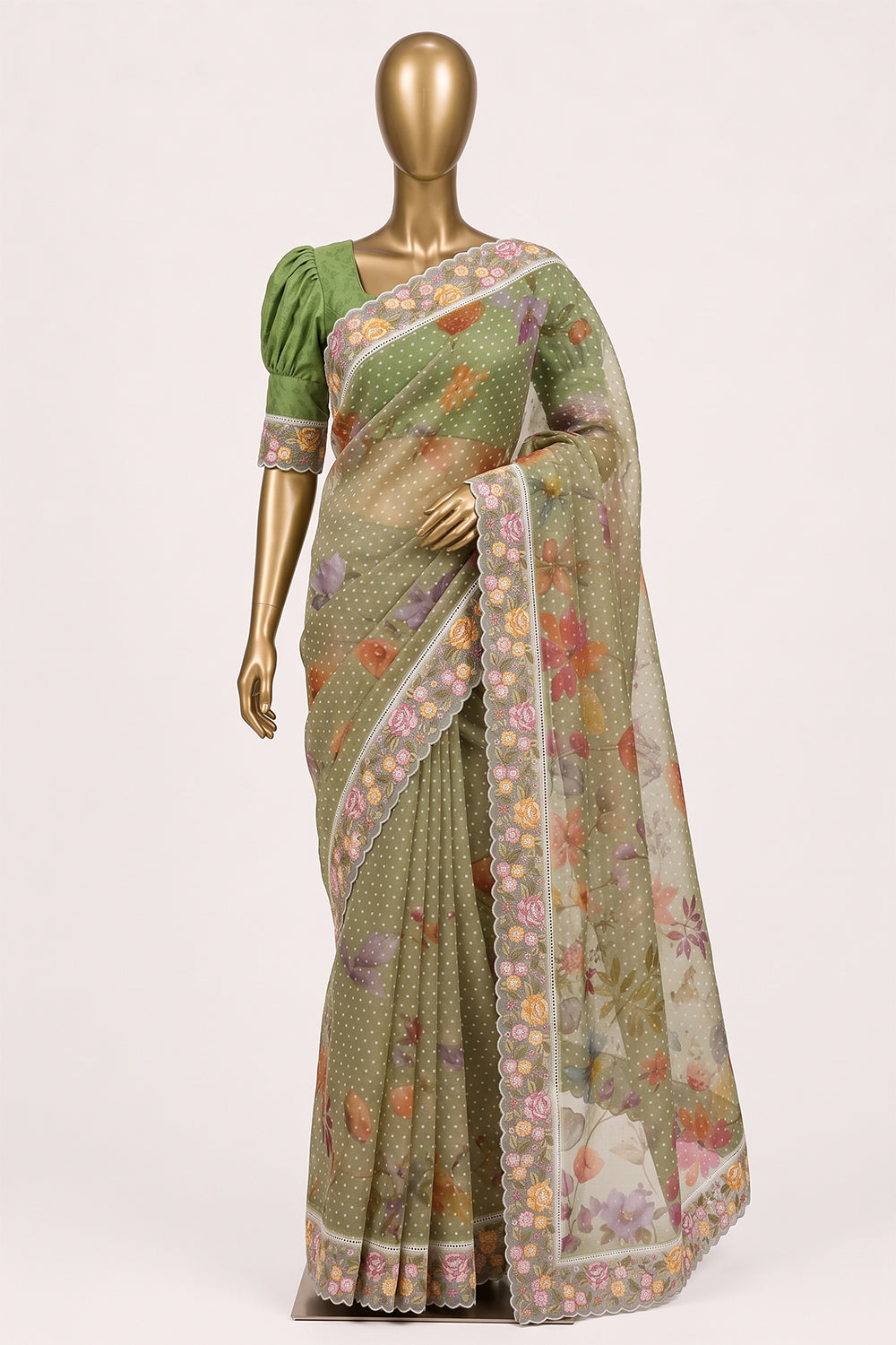 Image of Green Tissue Silk Embroidery Saree