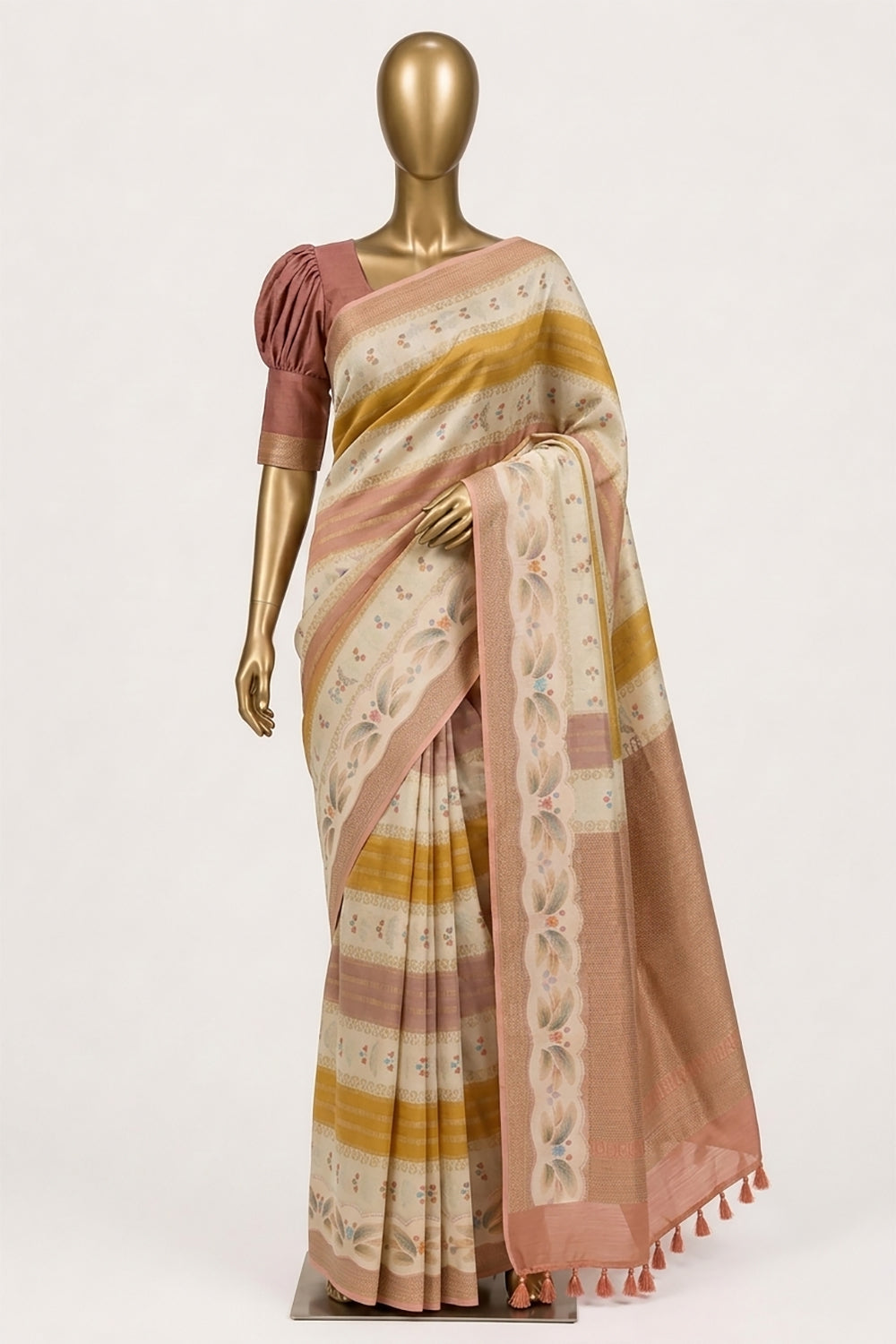 Image of Off-White Satin Silk Saree