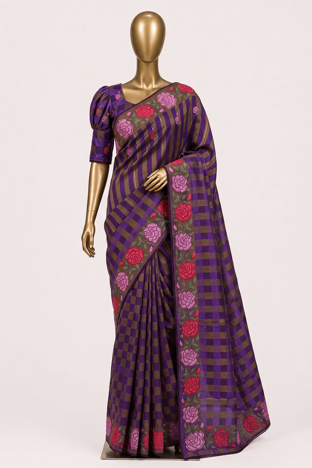 Image of Purple Satin Silk Embroidery Saree