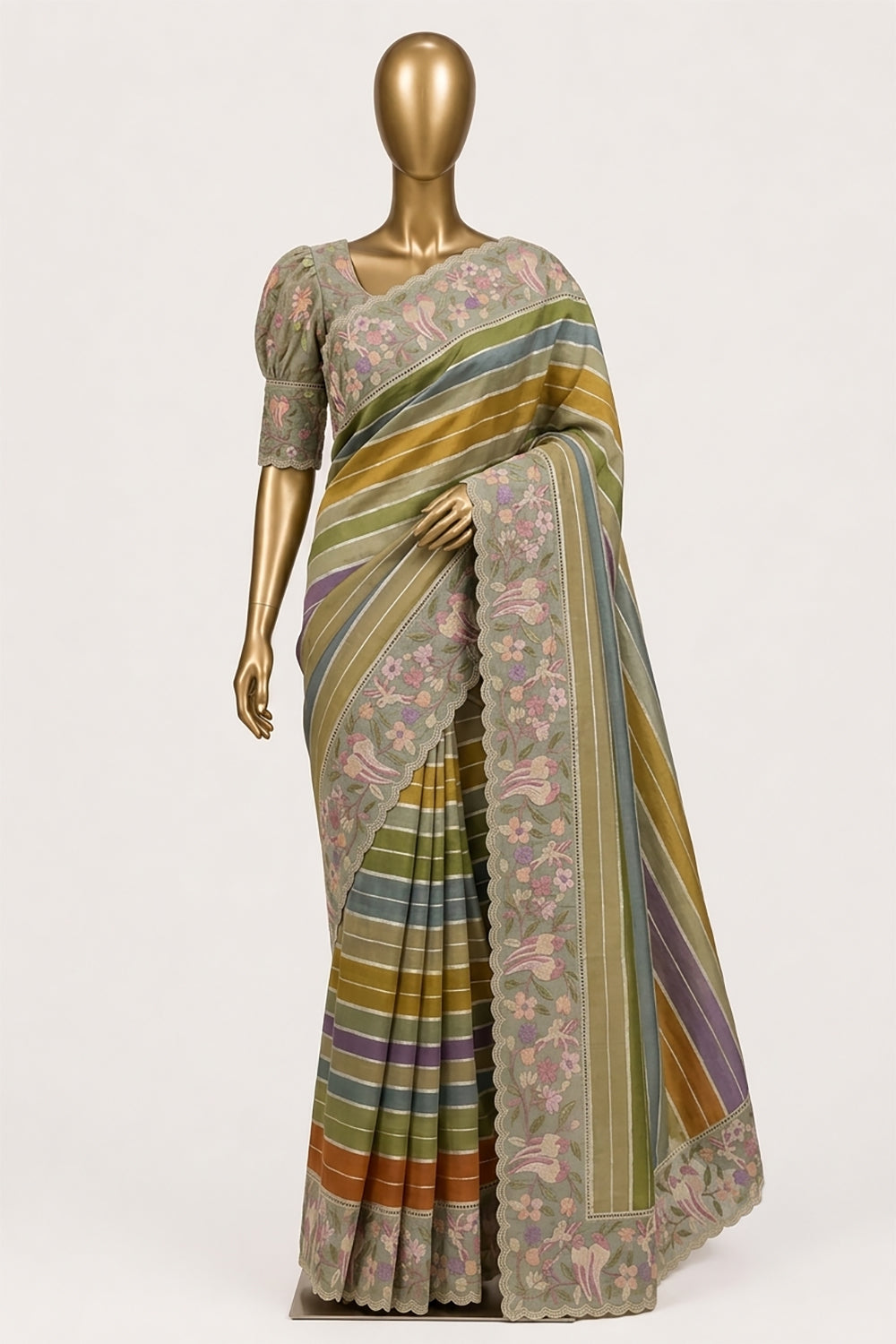 Image of Multi-Colour Tissue Silk Embroidery Saree
