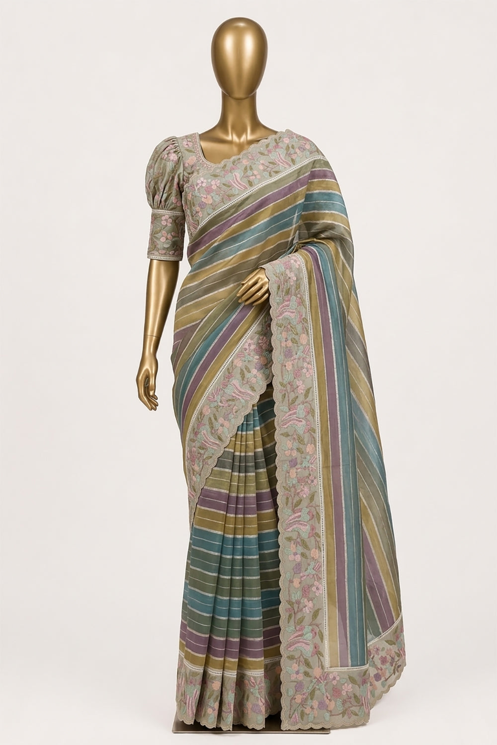 Image of Multi-Colour Tissue Silk Embroidery Saree