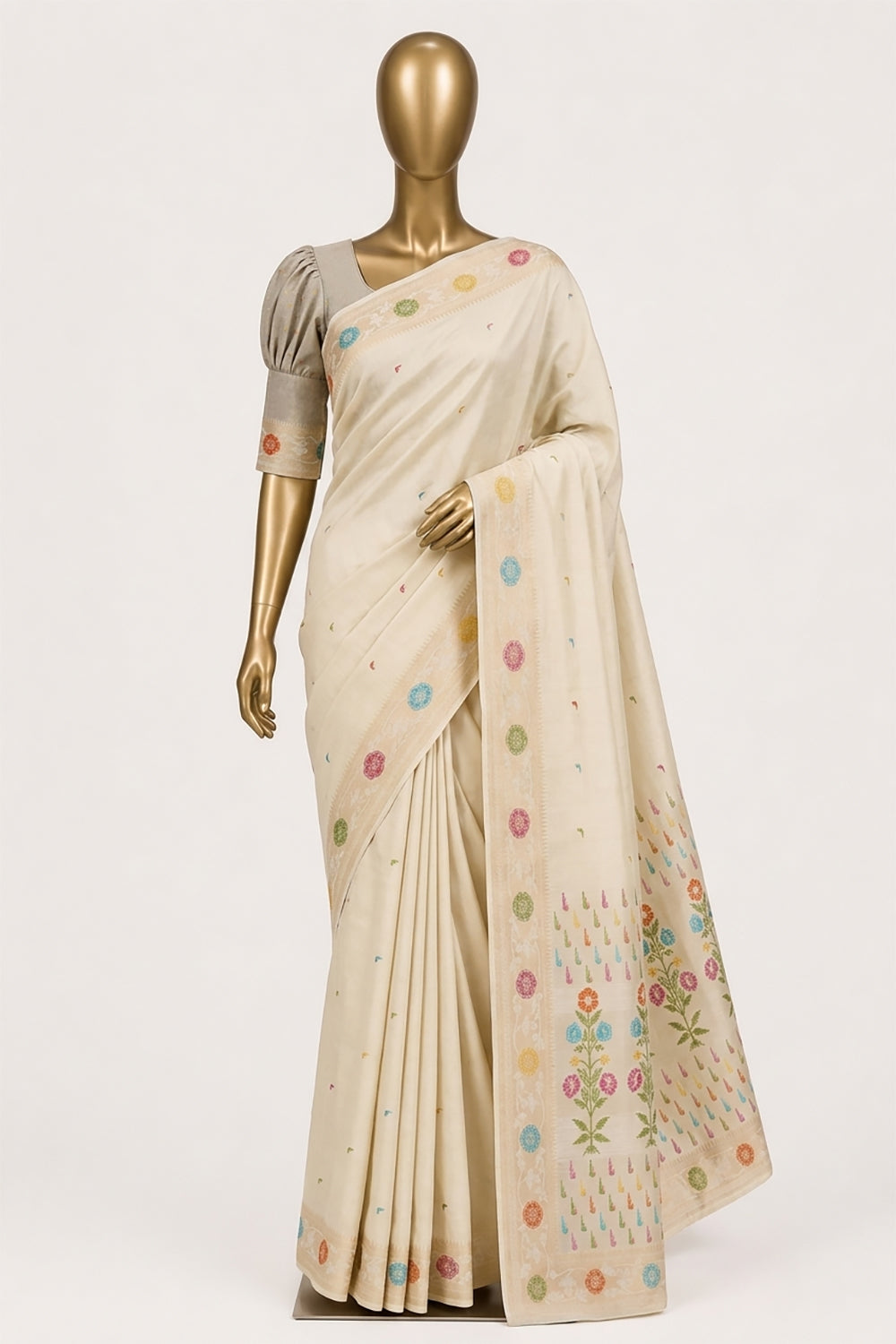 Image of Off-White Shimmering Silk Saree