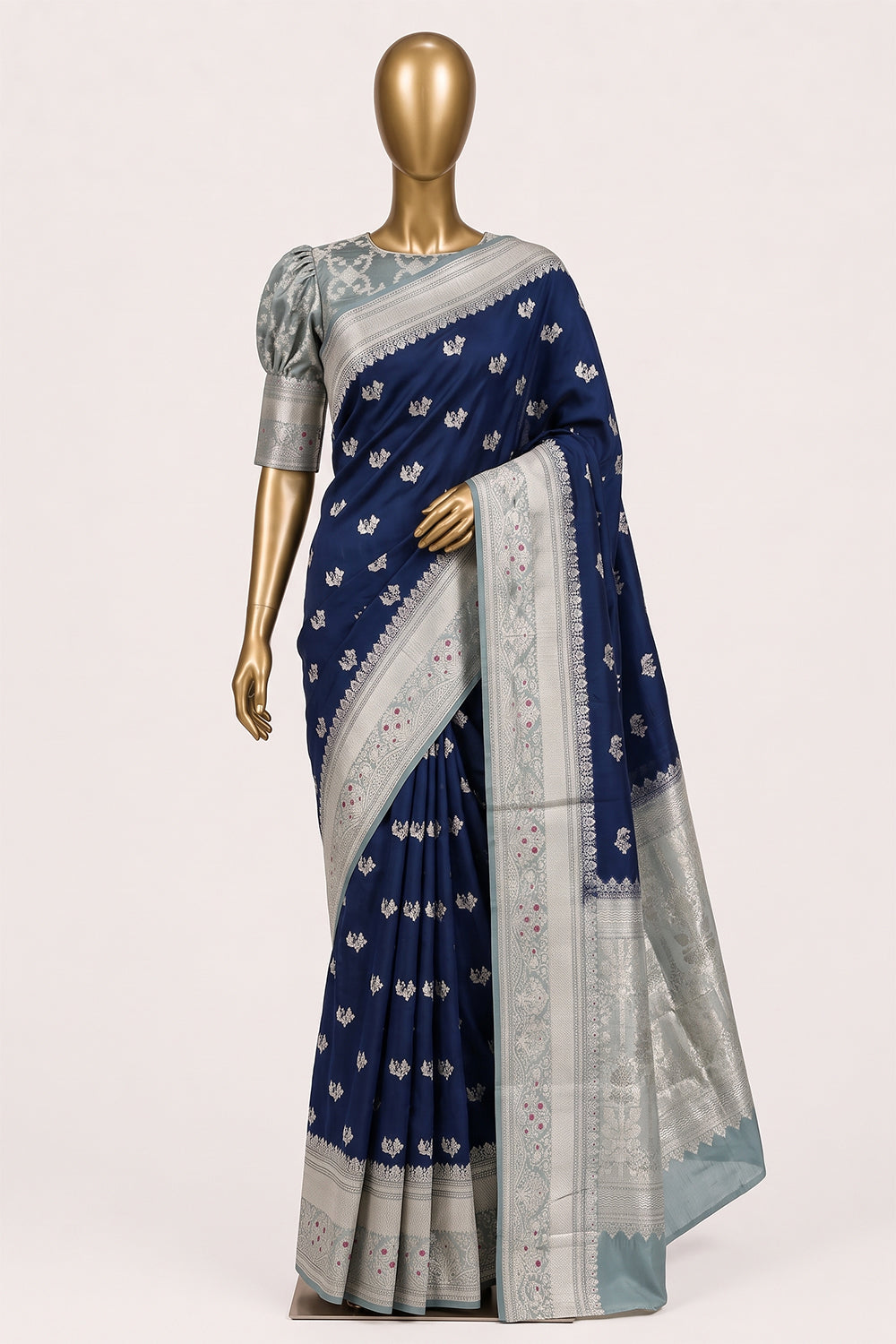 Image of Navy Blue Banarasi Chiniya Silk Saree