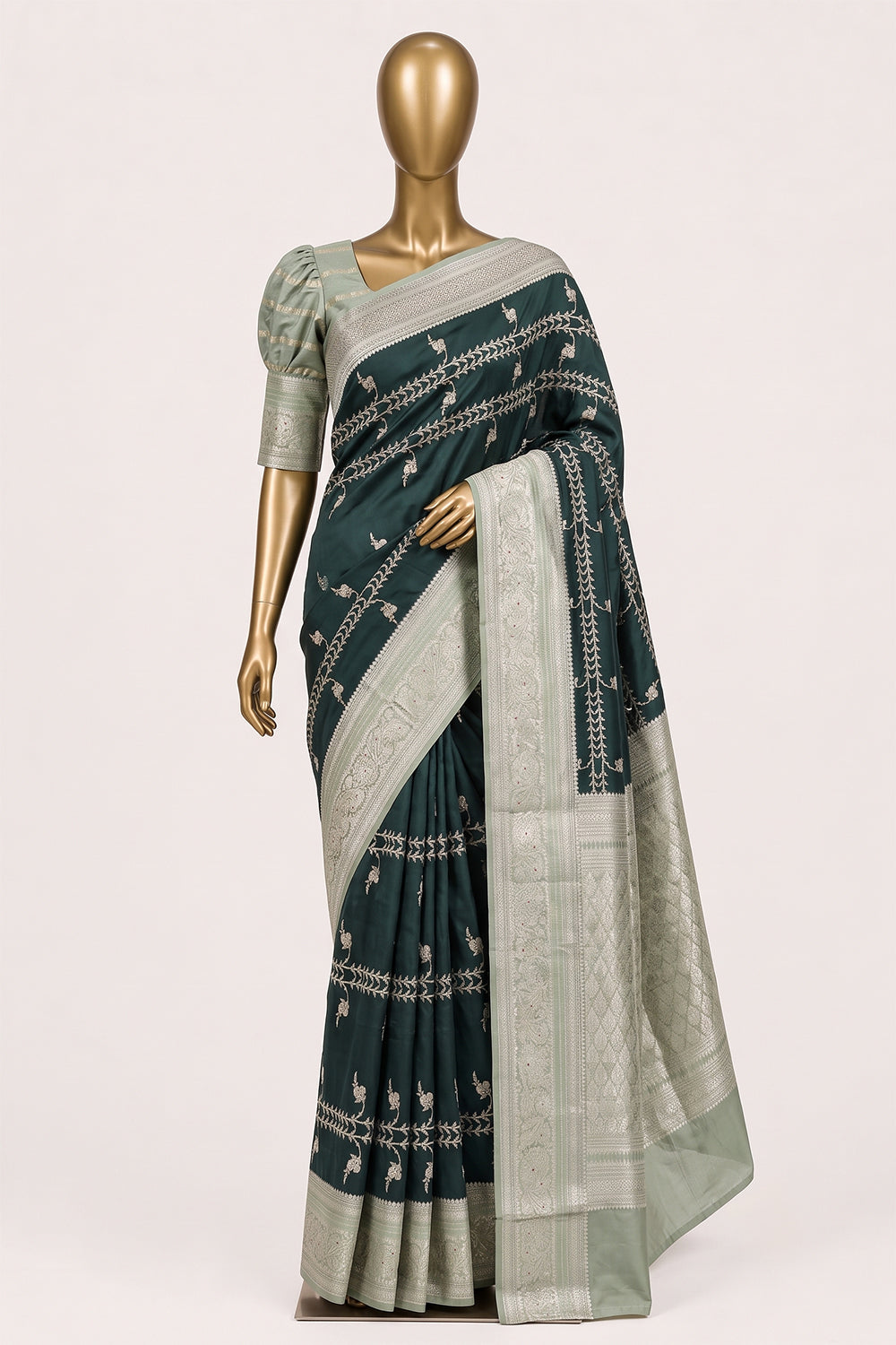 Image of Bottle-Green Banarasi Chiniya Silk Saree