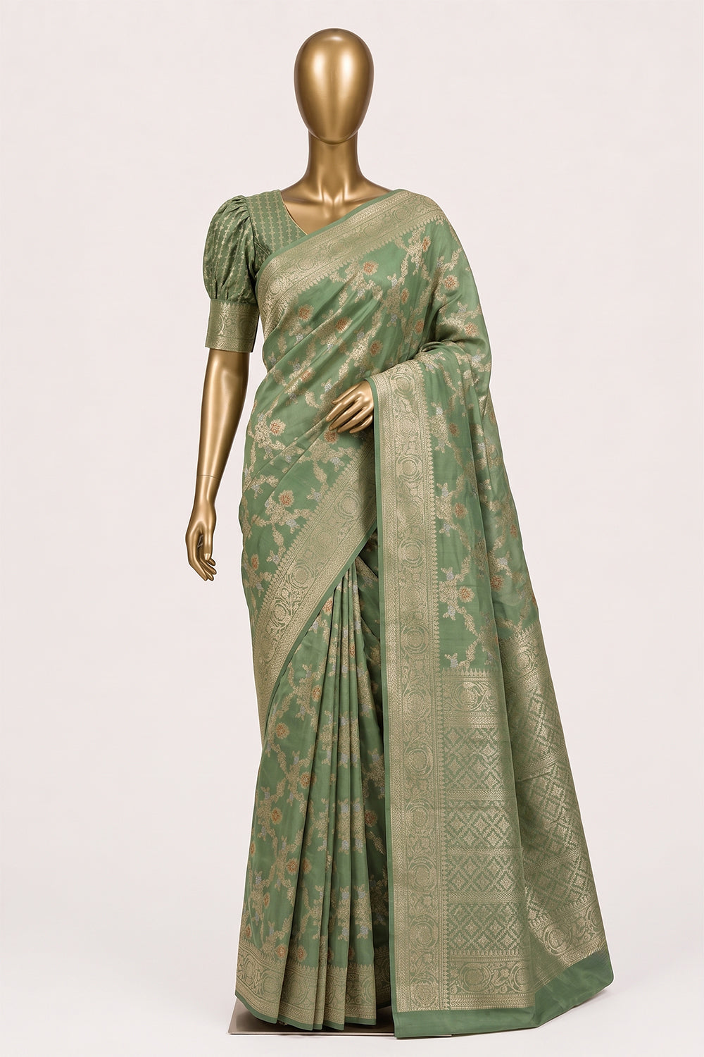 Image of Sage-Green Banarasi Chiniya Silk Saree