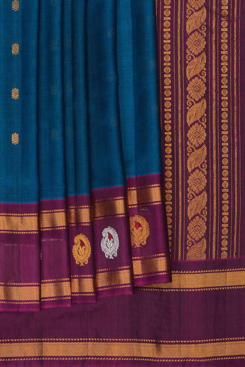 Image of Blue Gadwal Silk-Cotton Saree