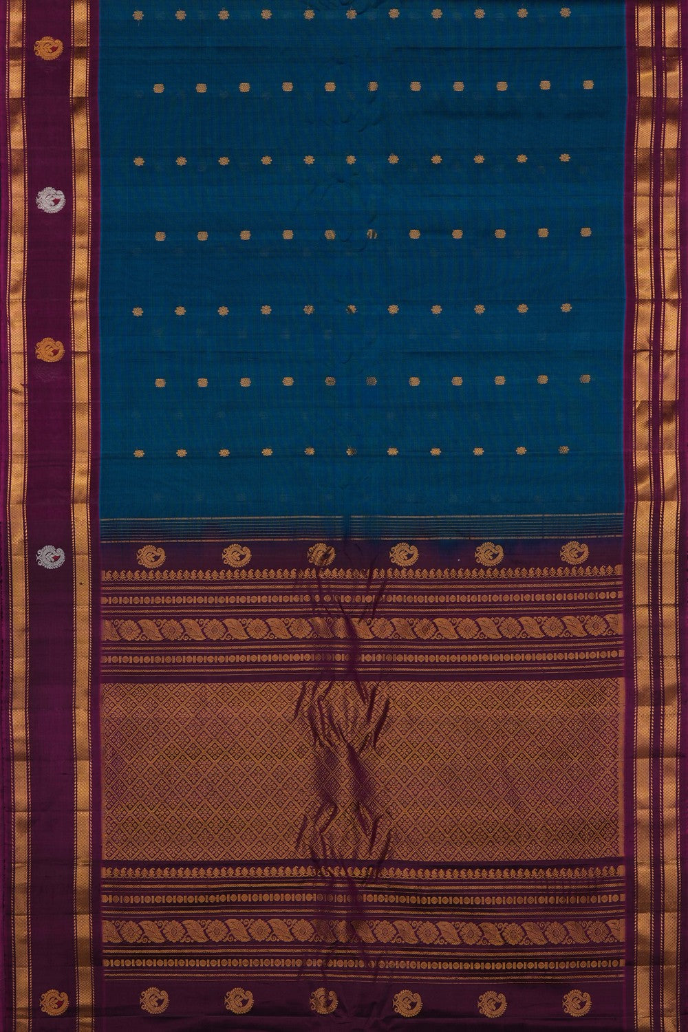 Image of Blue Gadwal Silk-Cotton Saree