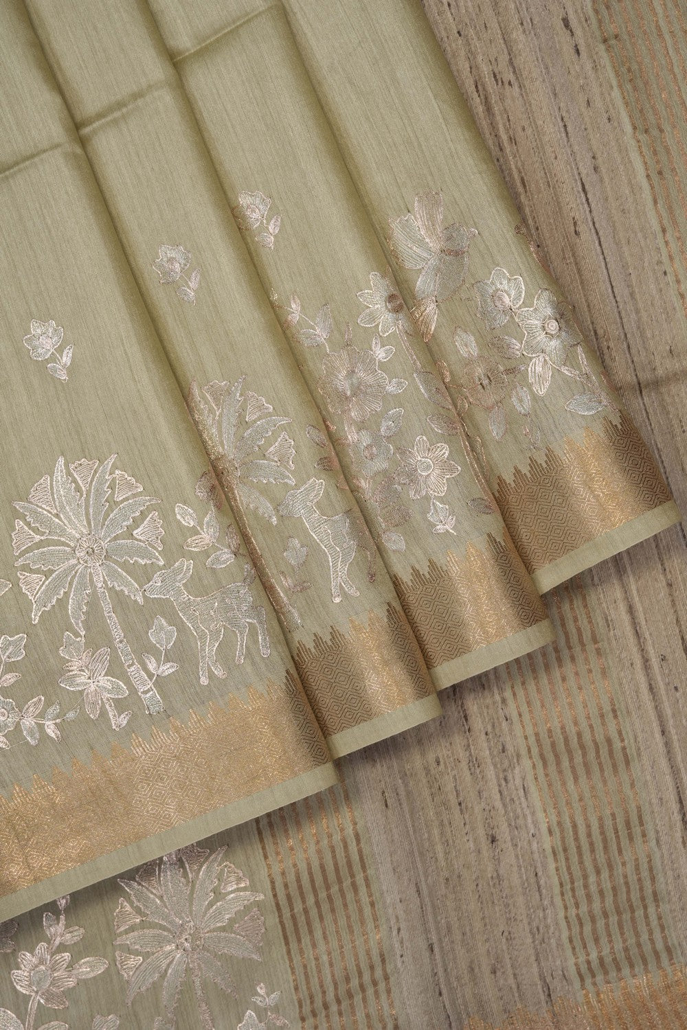 Image of Pistachio-Green Tussar Silk Saree