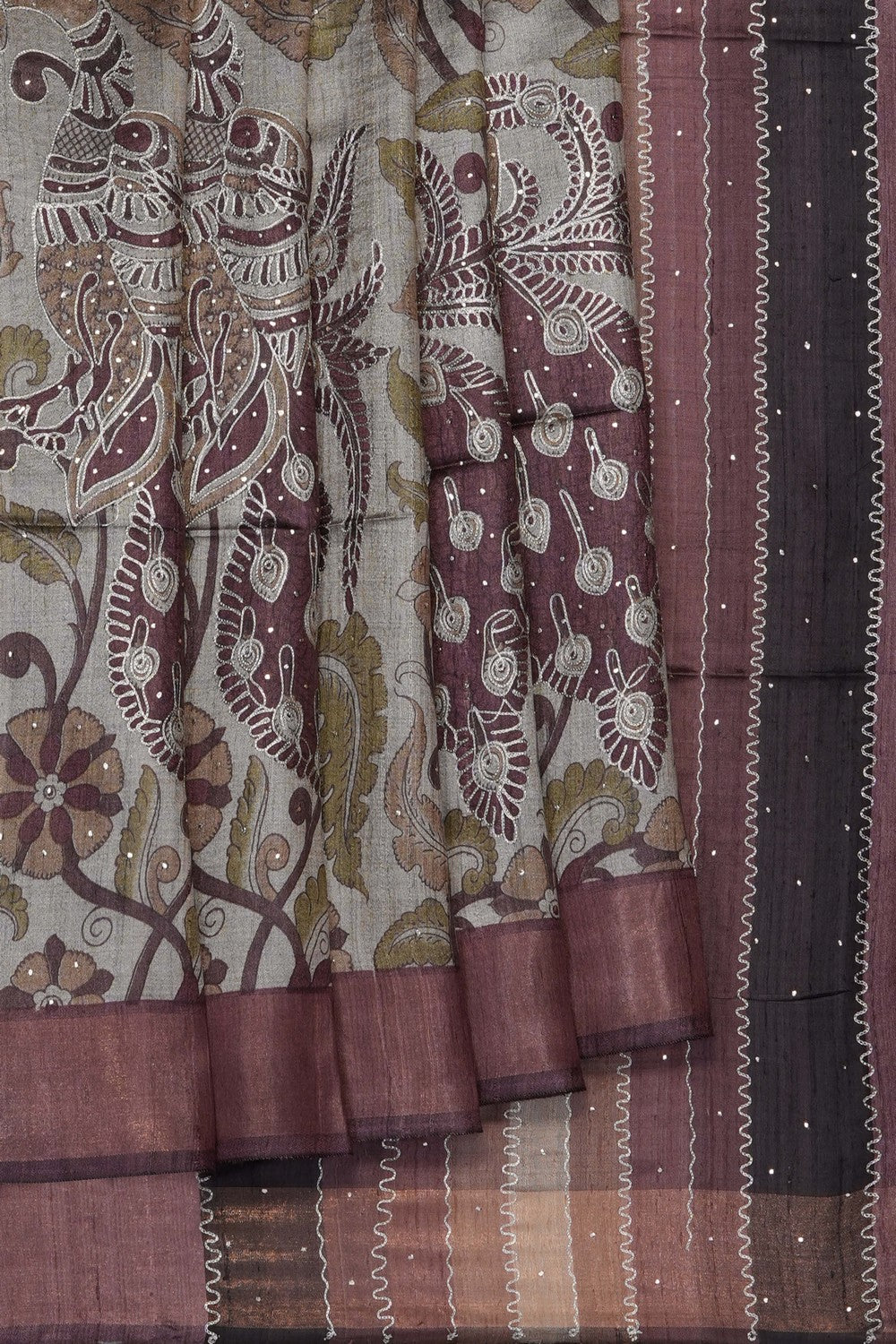 Image of Grey Tussar Silk Saree