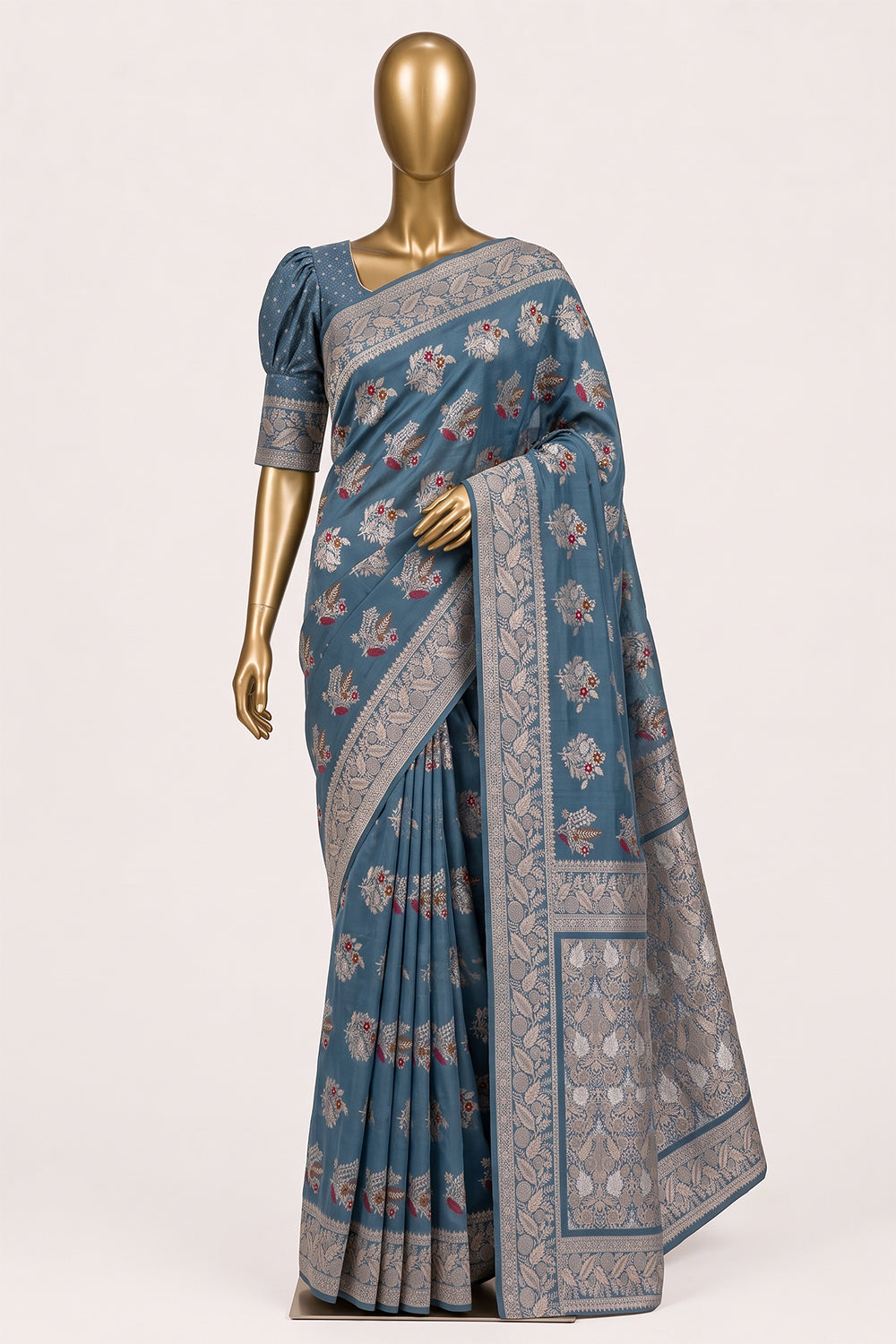 Image of Smoky Blue Banarasi Katan Silk Saree