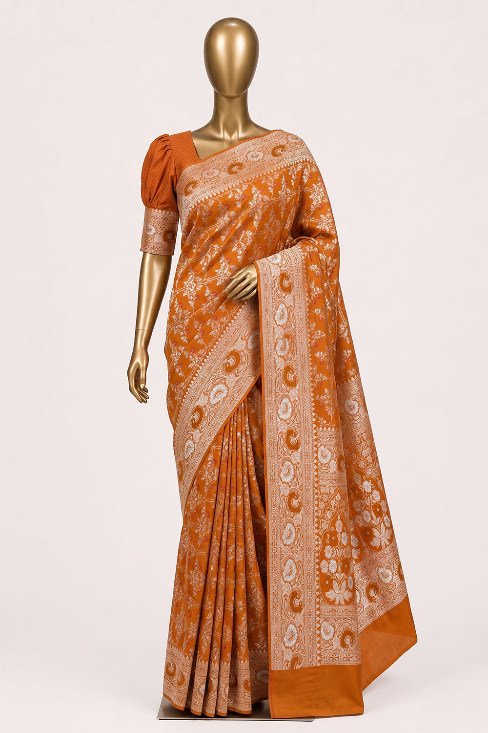 Image of Orange Banarasi Brocade Silk Saree