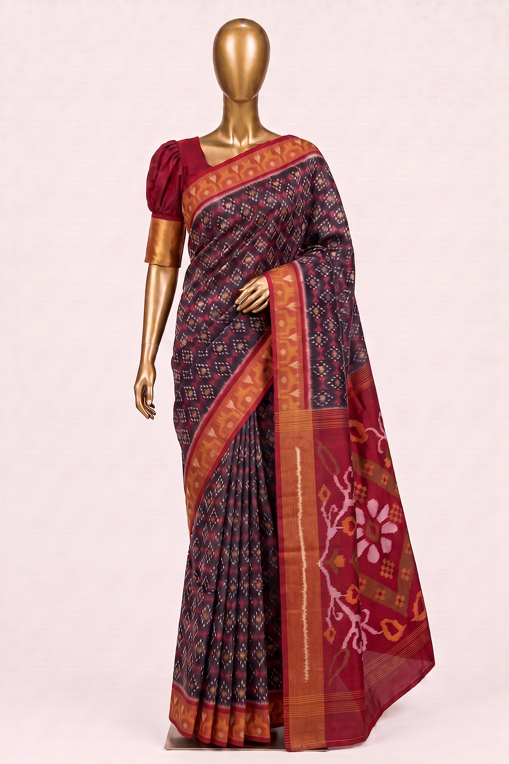 Image of South Silk-Cotton Ikat Fusion Saree