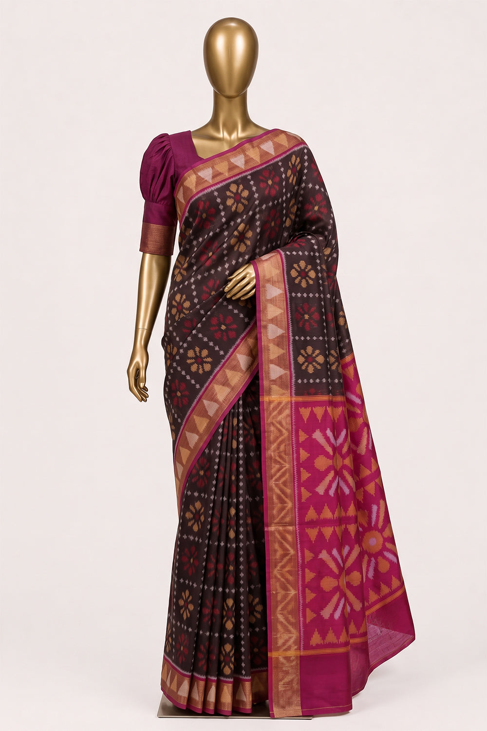Image of South Silk-Cotton Ikat Fusion Saree