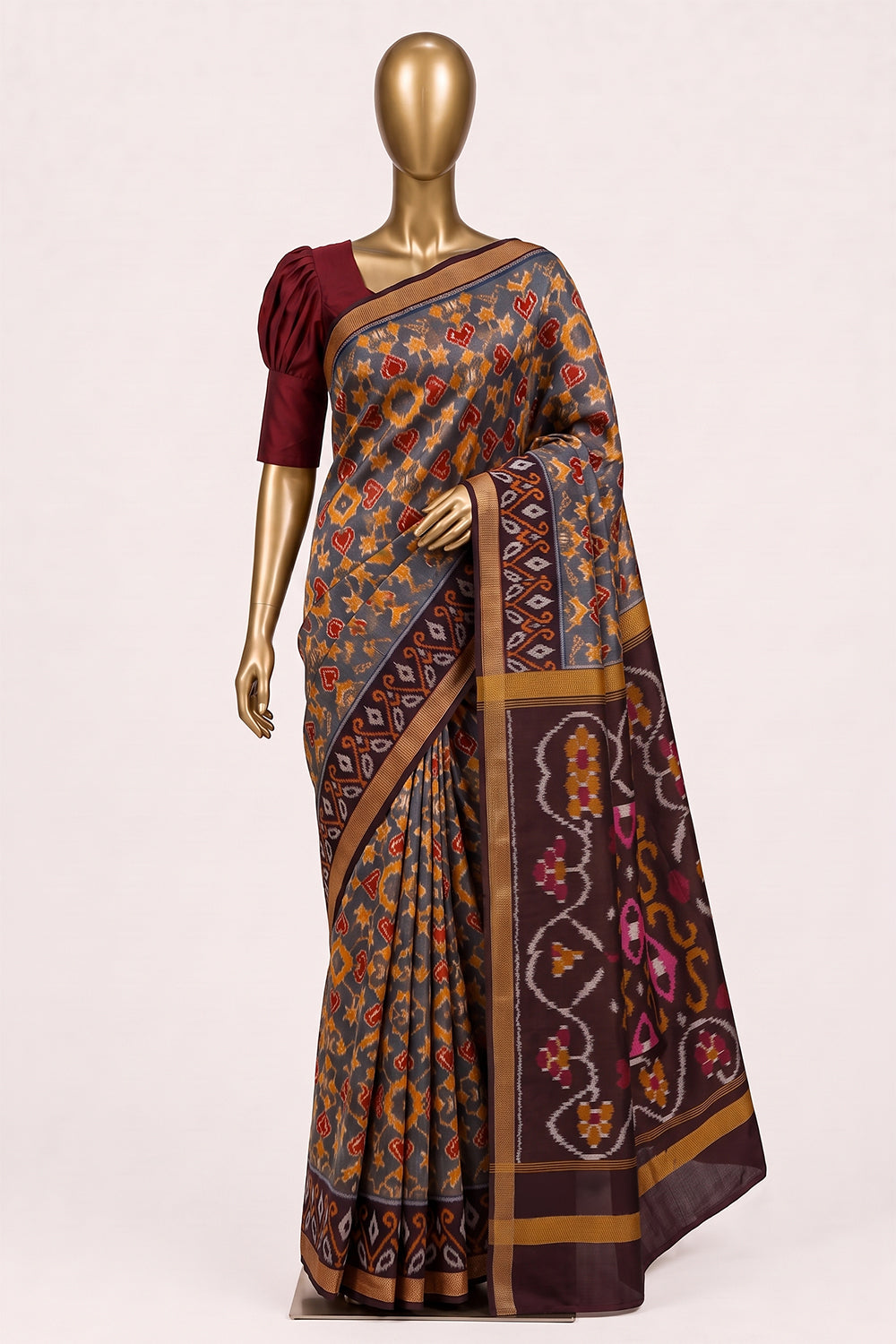 Image of South Silk-Cotton Ikat Fusion Saree