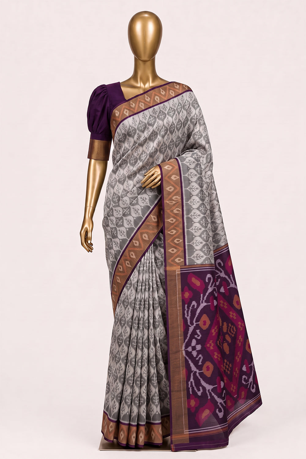 Image of South Silk-Cotton Ikat Fusion Saree