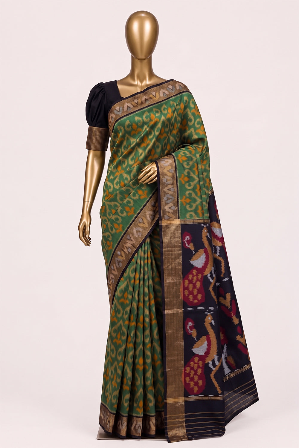 Image of South Silk-Cotton Ikat Fusion Saree