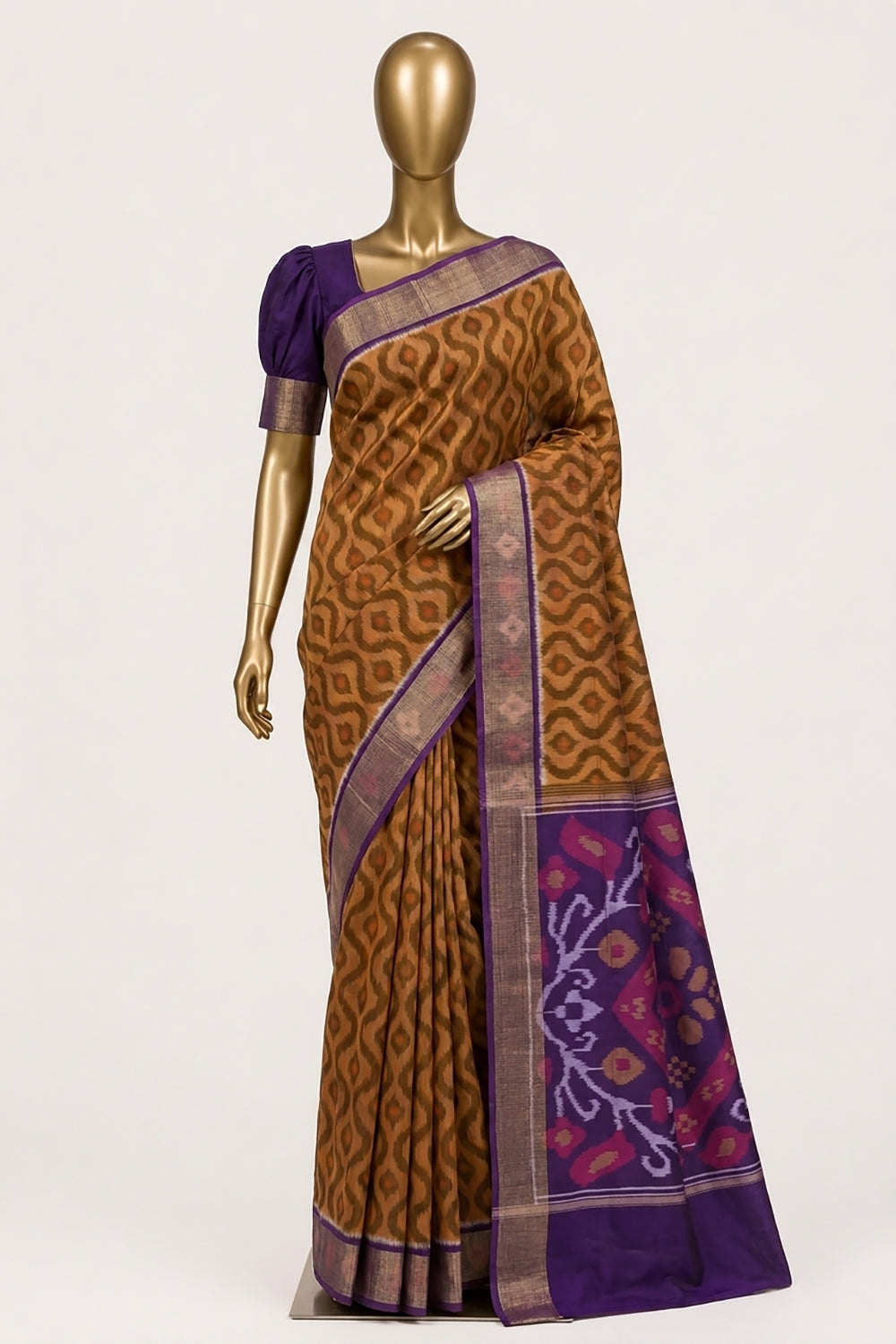 Image of South Silk-Cotton Ikat Fusion Saree