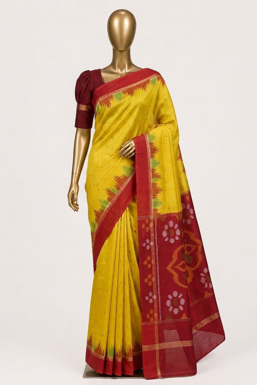 Image of South Silk-Cotton Ikat Fusion Saree