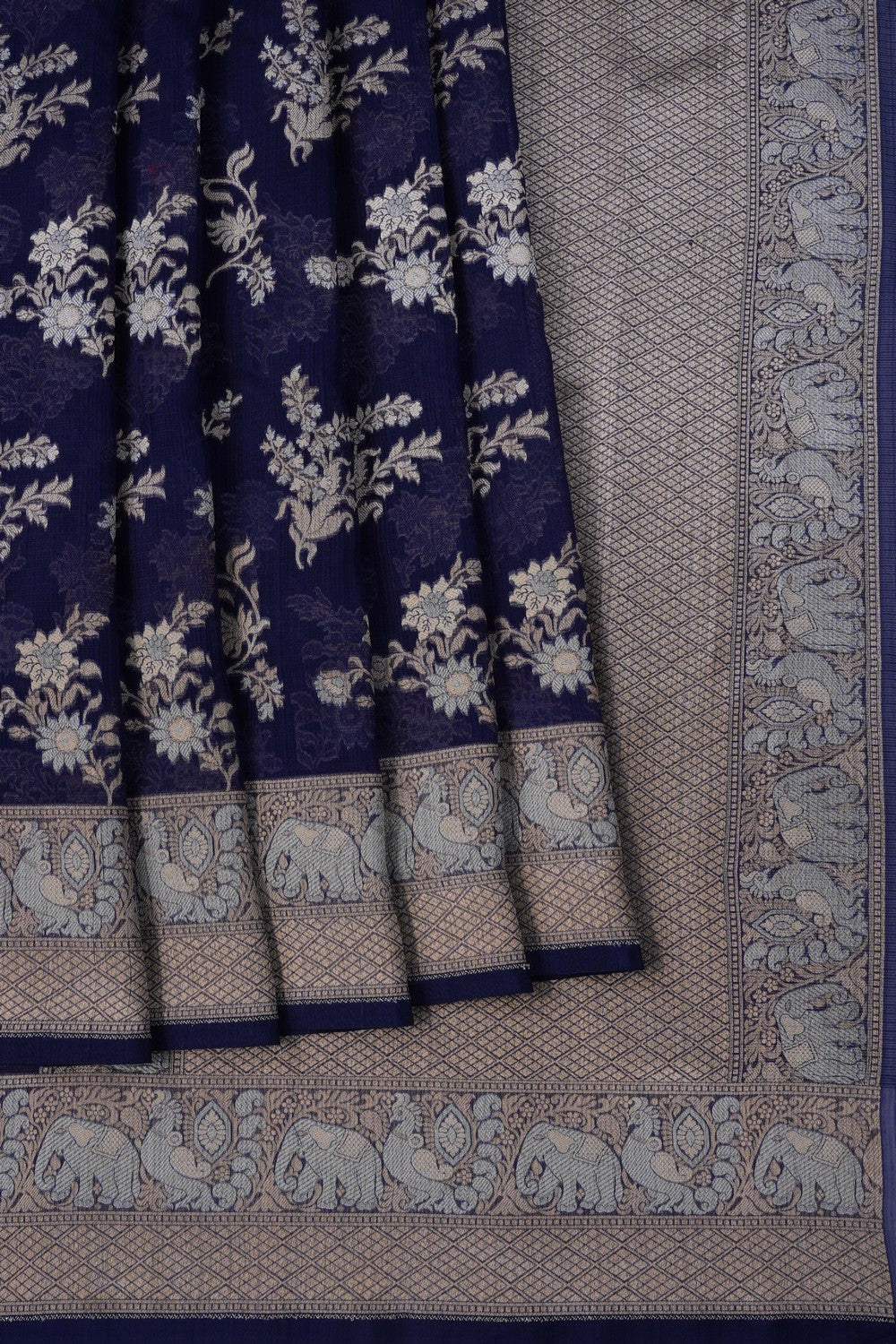 Image of Navy Blue Banarasi Kora Saree