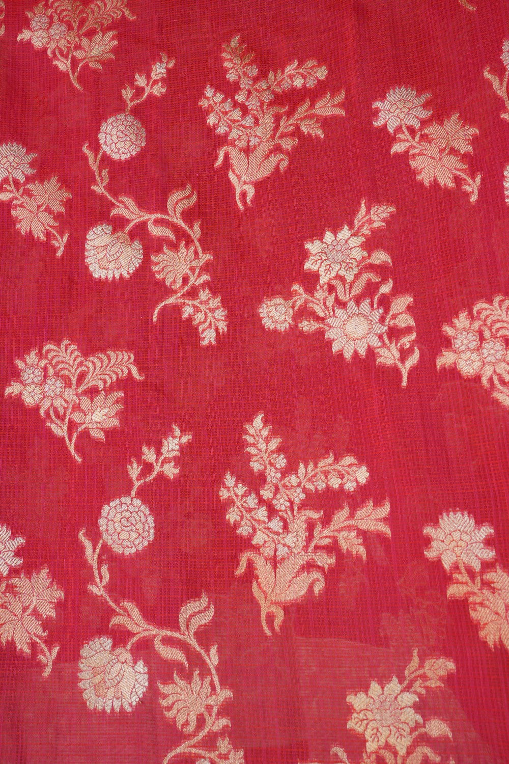 Image of Coral-Red Banarasi Kora Saree