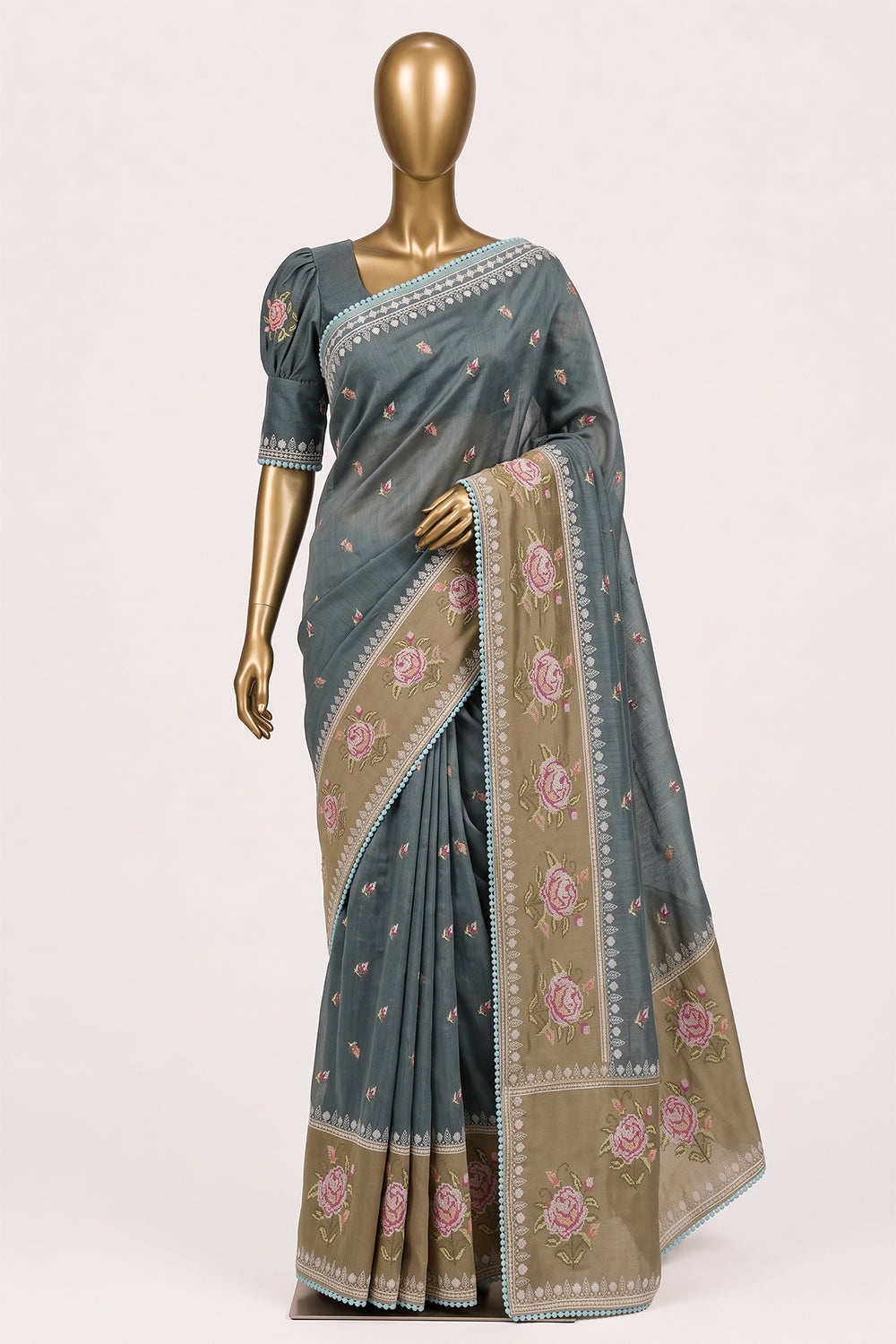 Image of Sea Blue Kora Silk Saree