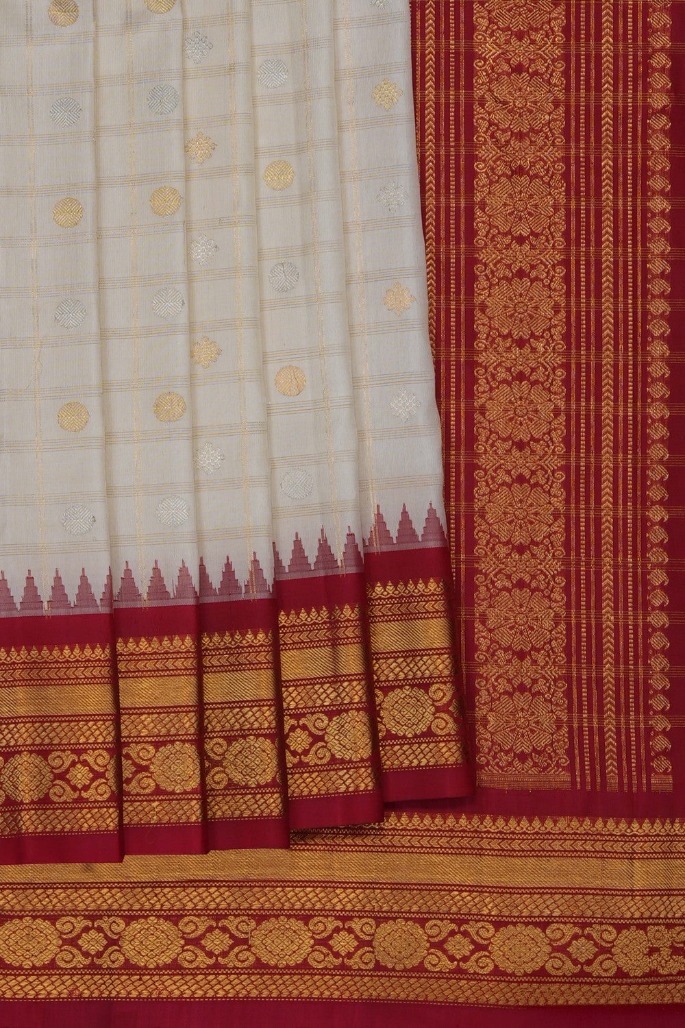 Image of Gadwal Silk Off-White Kattam Saree