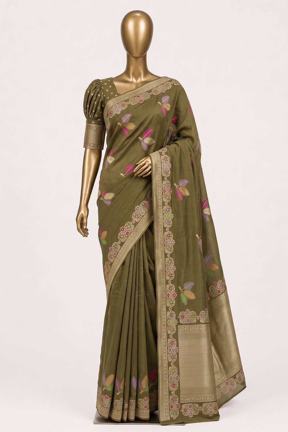 Image of Moss-Green Silk Saree