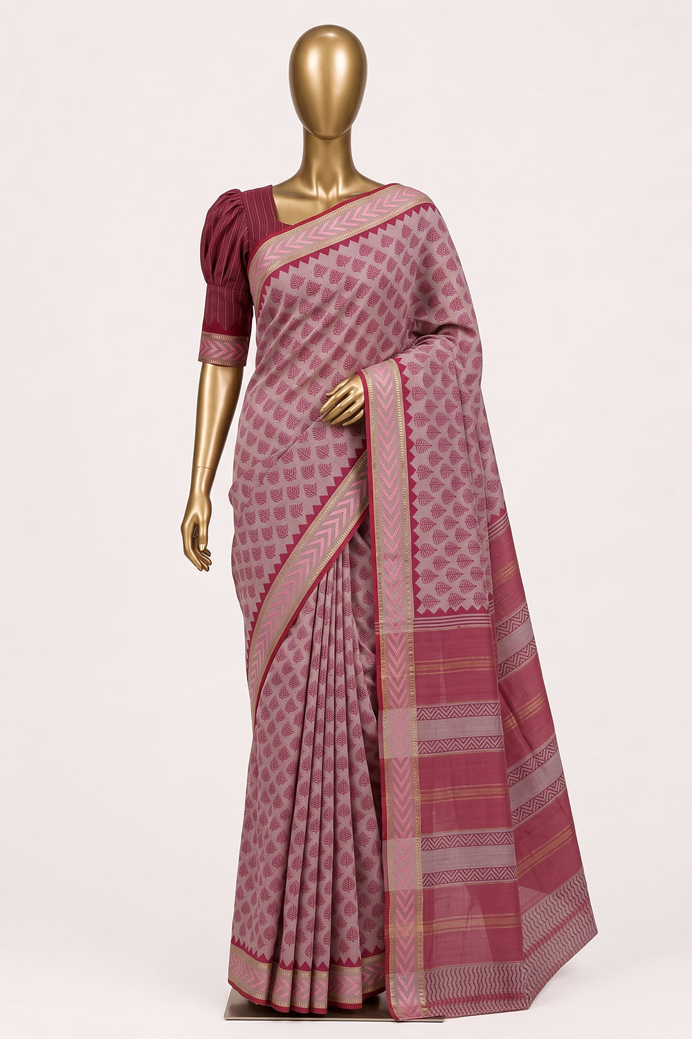 Image of Pink Leafy Printed Silk Cotton Saree
