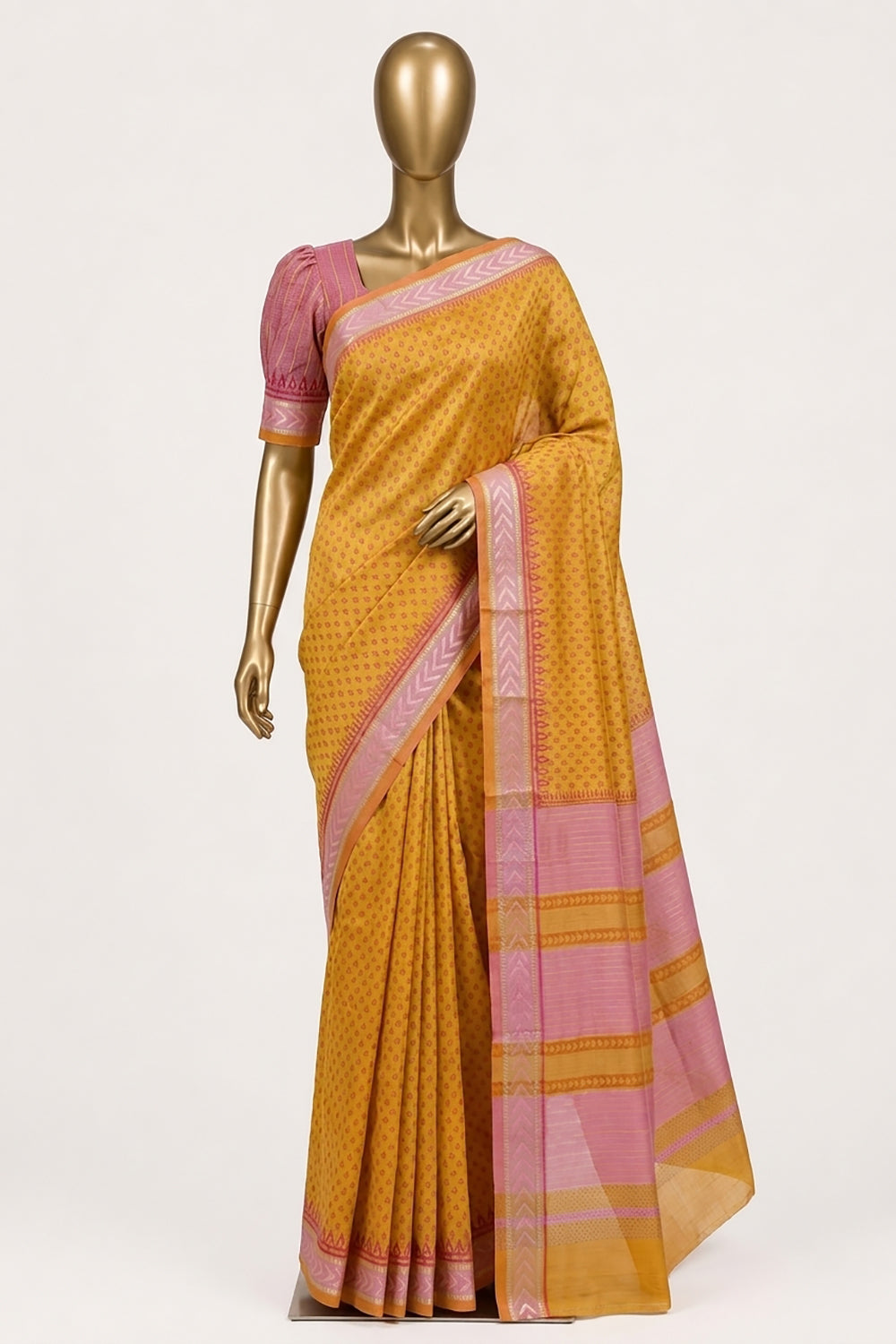 Image of Yellow Floral Printed Silk Cotton Saree
