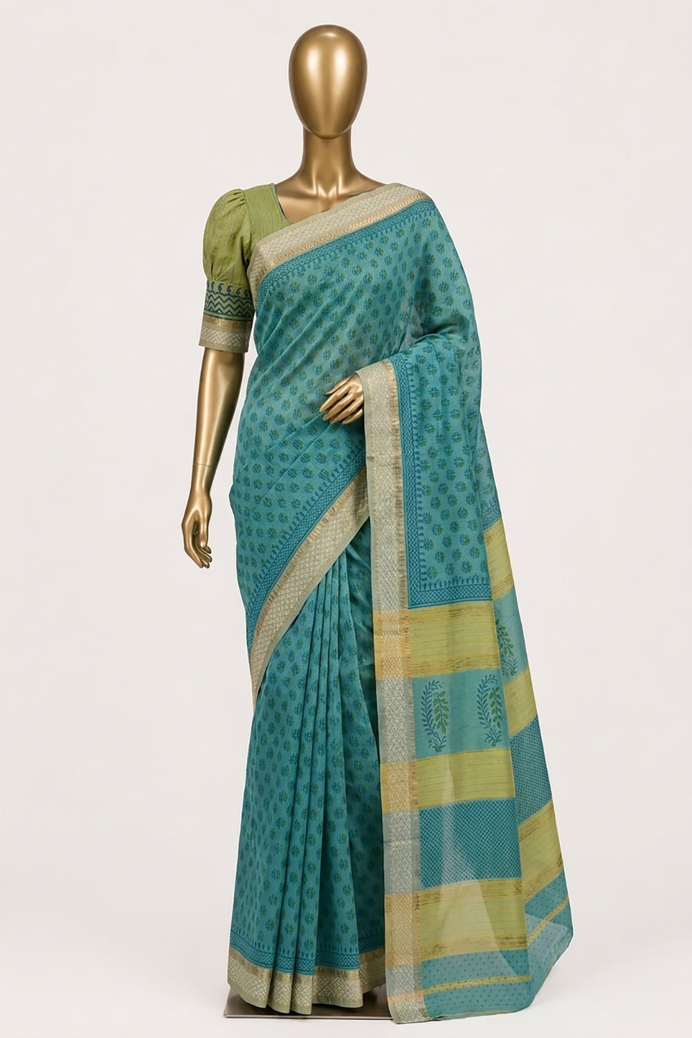 Image of Teal Blue Floral Printed Silk Cotton Saree
