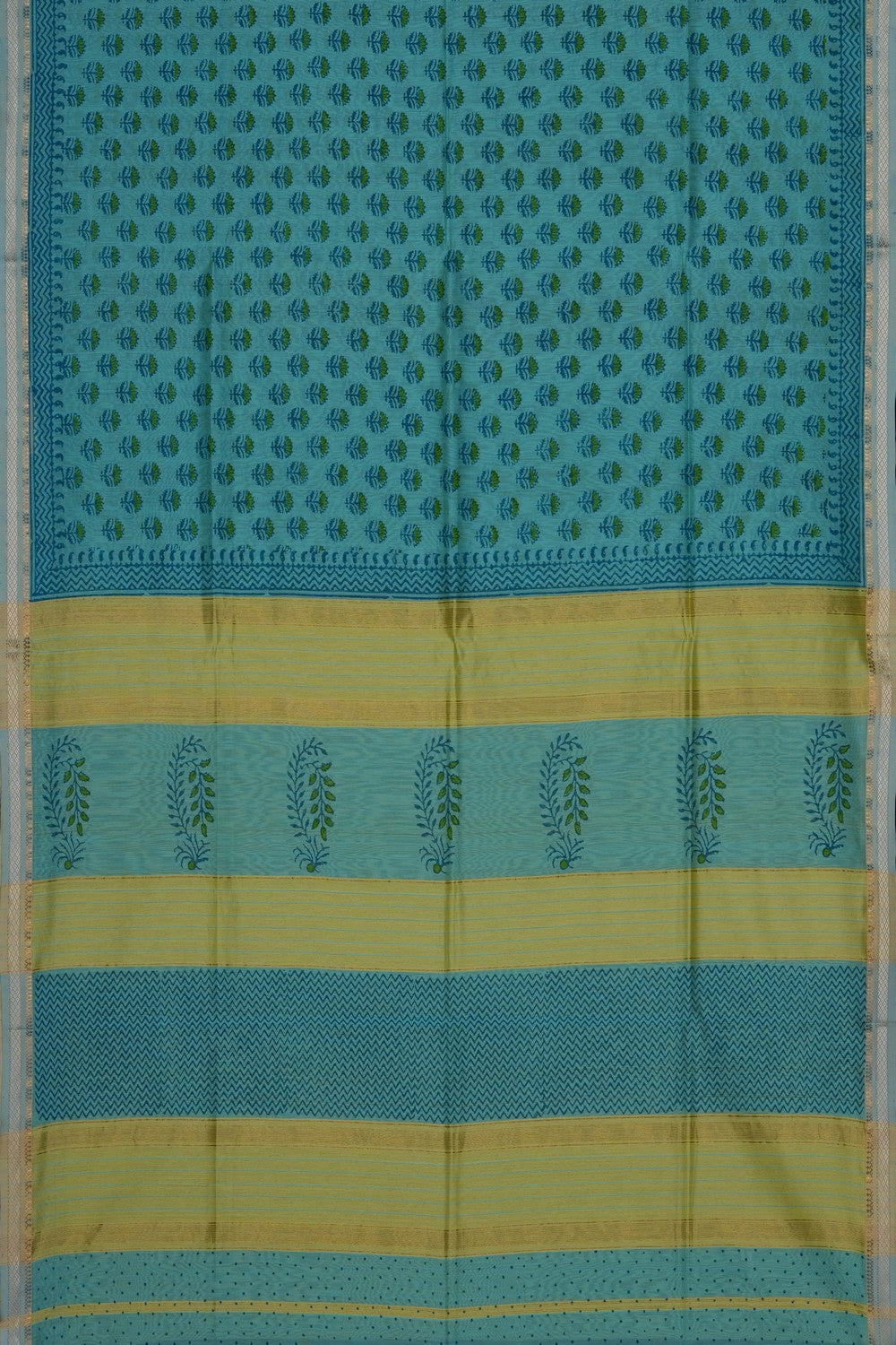 Image of Teal Blue Floral Printed Silk Cotton Saree