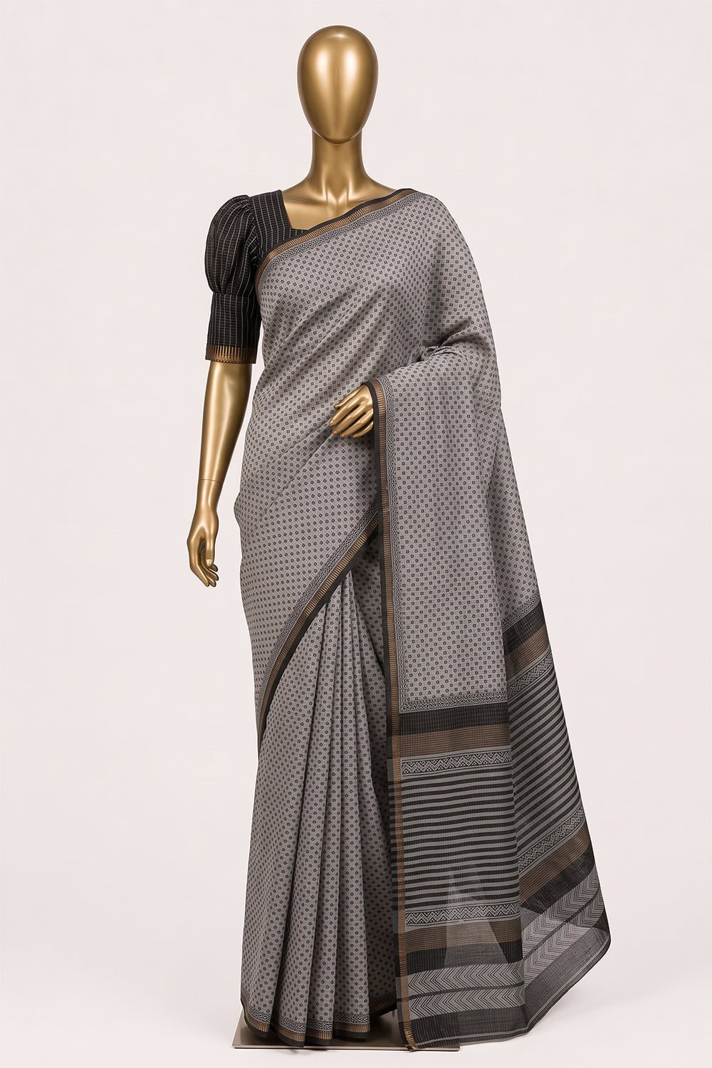 Image of Off-White Floral Printed Silk Cotton Saree