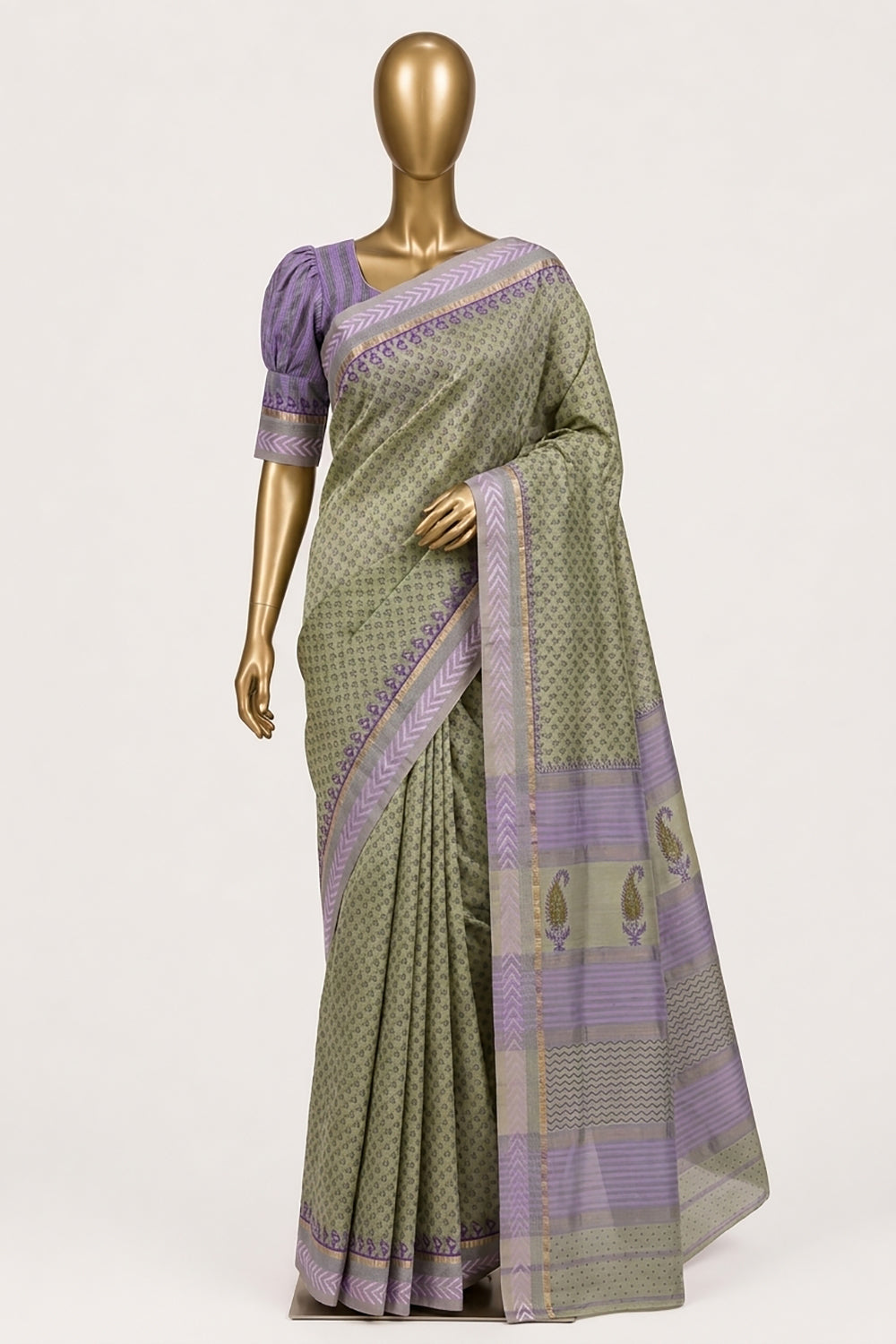 Image of Sage-Green Floral Printed Silk Cotton Saree