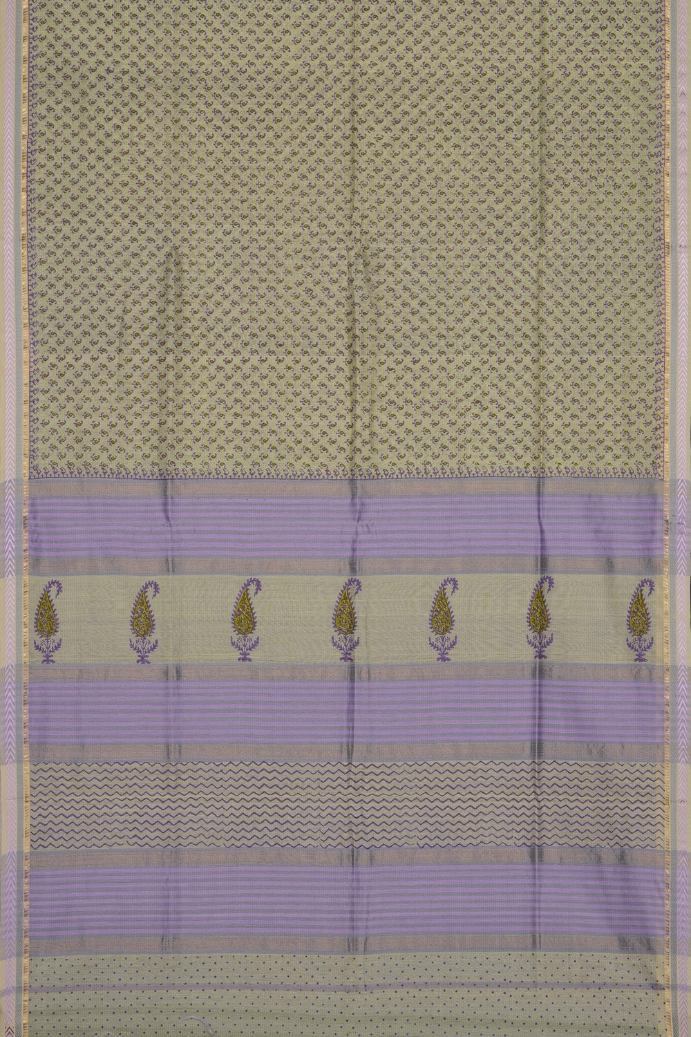 Image of Sage-Green Floral Printed Silk Cotton Saree