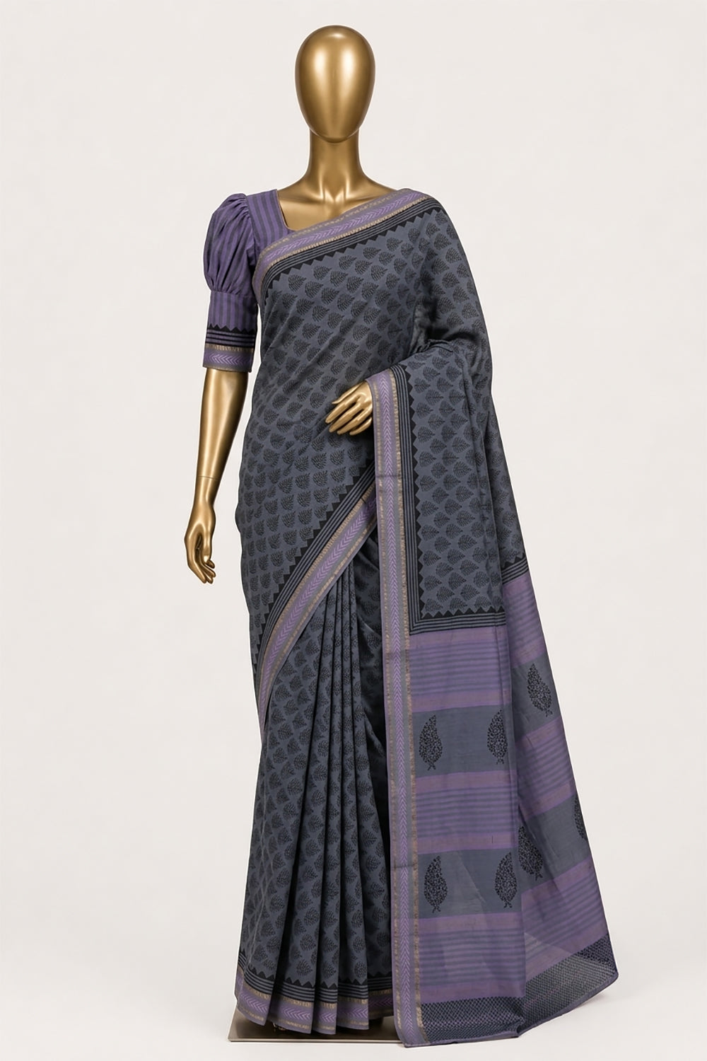 Image of Grey Leafy Printed Silk Cotton Saree