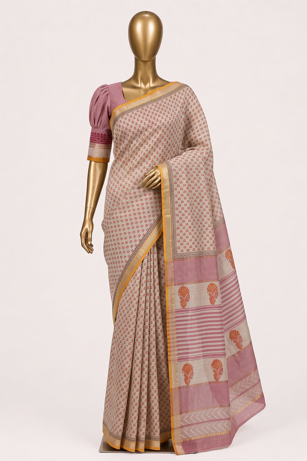 Image of Off White Floral Printed Silk Cotton Saree