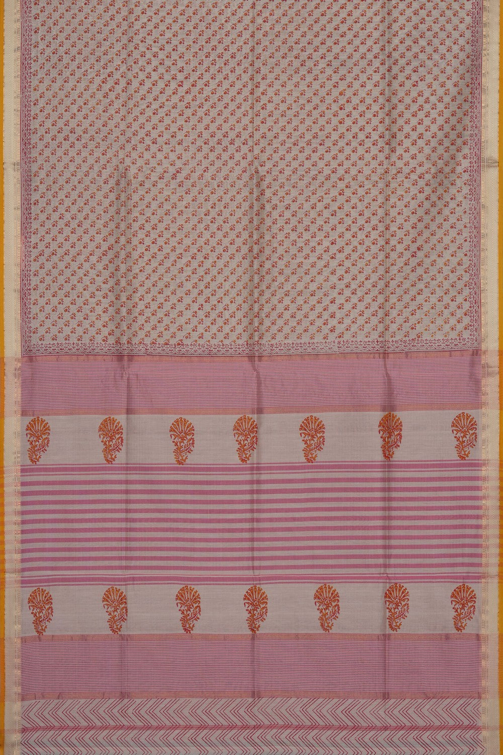 Image of Off White Floral Printed Silk Cotton Saree