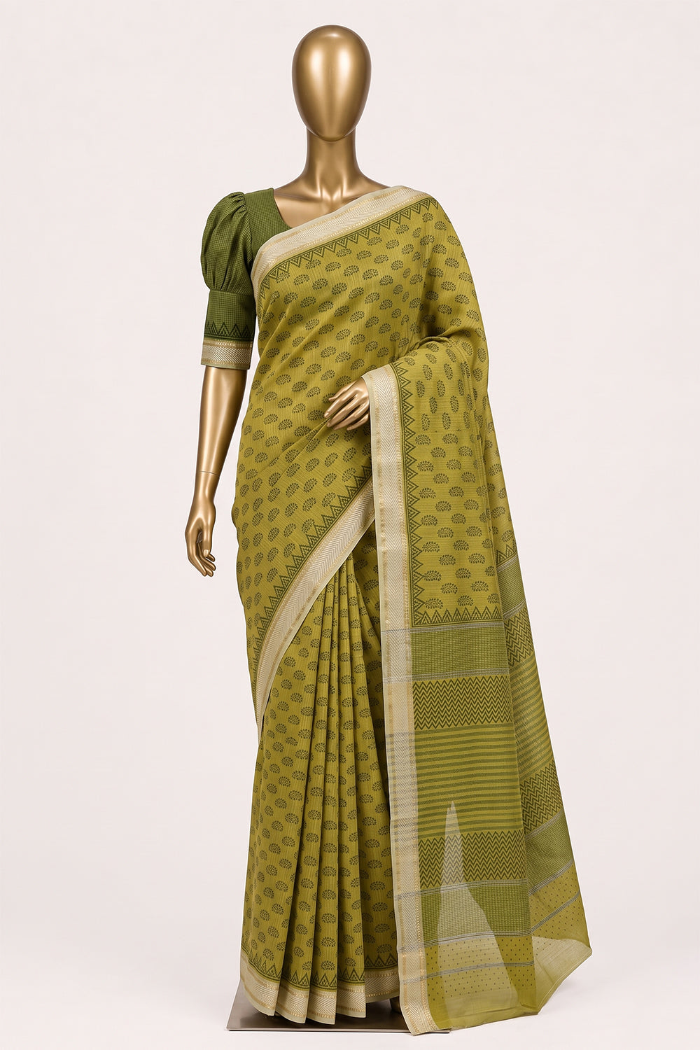 Image of Spring Green Floral Printed Silk Cotton Saree